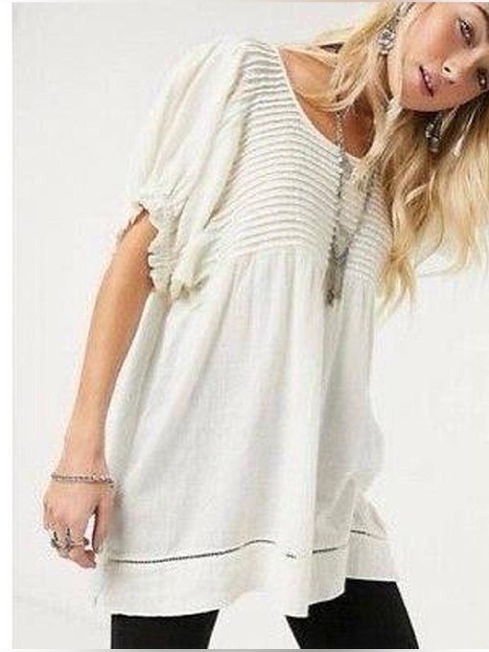 Free People Women's Peasant Top Size Small Cream Cotton Linen Boho